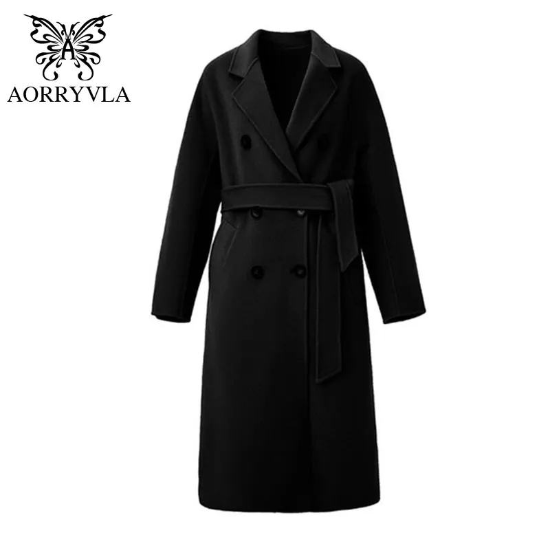 

AORRYVLA Women Double-Faced Wool Coat With Belt Solid Color Full Sleeve Long Outerwear Ladies Overcoat New Autumn Winter 2020