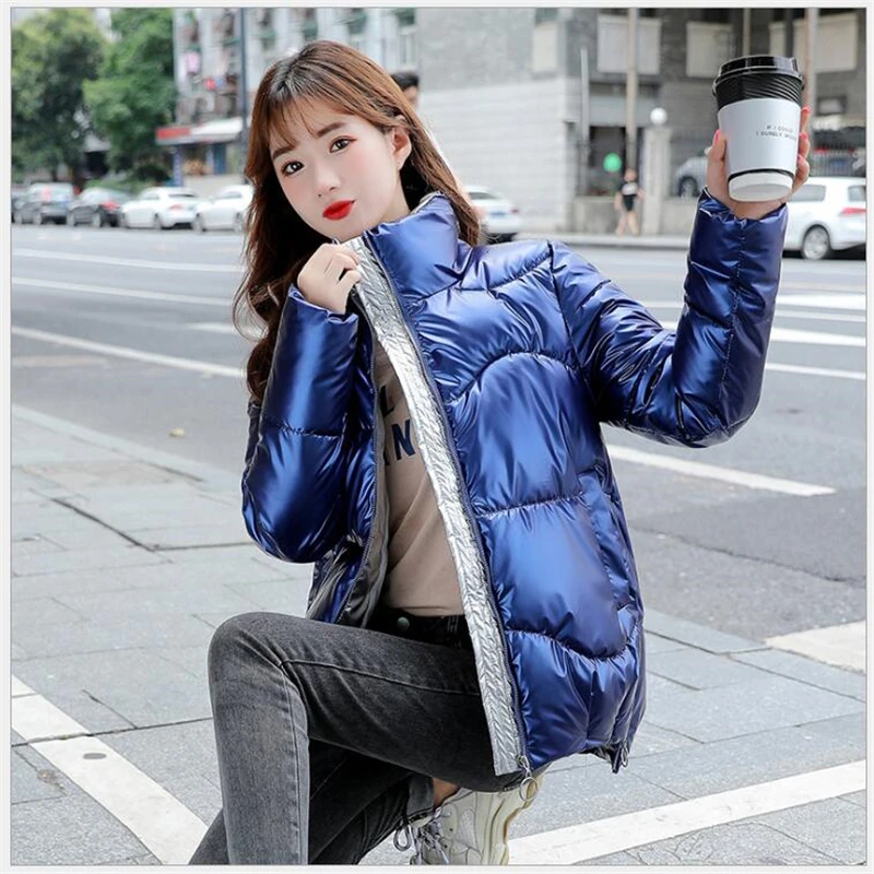 

2020 Autumn Women's Winter Coats Fashion Glossy Stand Collar Parkas Winter Jacket Women Padded Cotton Coat Manteau Femme R736