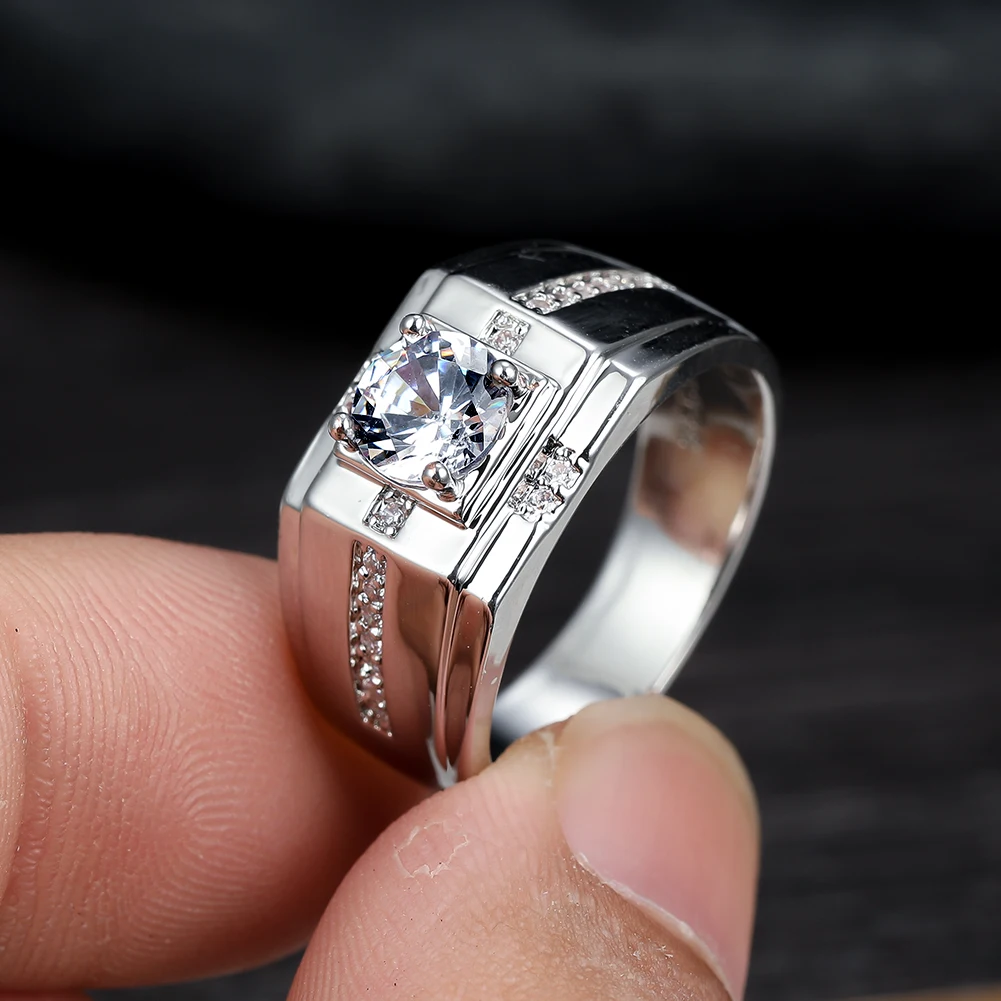 

White Gold Square Diamond Ring for Men Domineering Wide Brim Moissanite Rings Bridegroom Wedding Engagement Jewelry Charms
