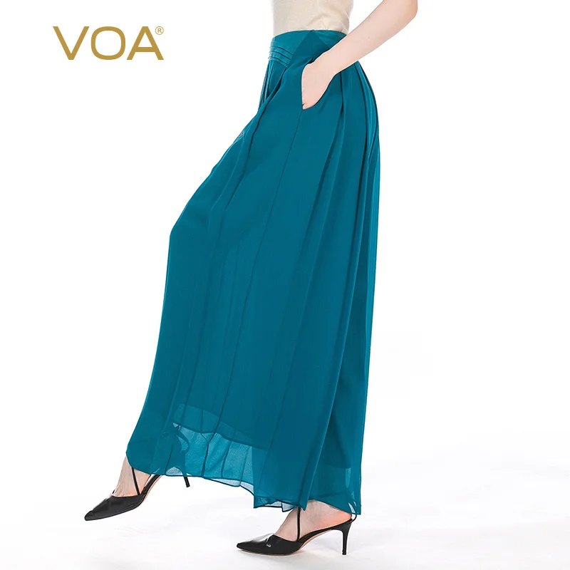 

VOA Silk 12m/m Miqinglan Georgette Tuck Stitching Side Zipper Ladies Elegant Fashion Wide Leg Skirt KE128 Woman Pants