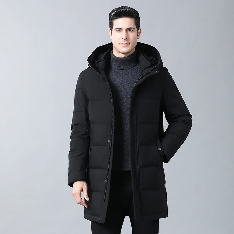 Мужской русский зимний утепленный длинный пуховик с капюшоном