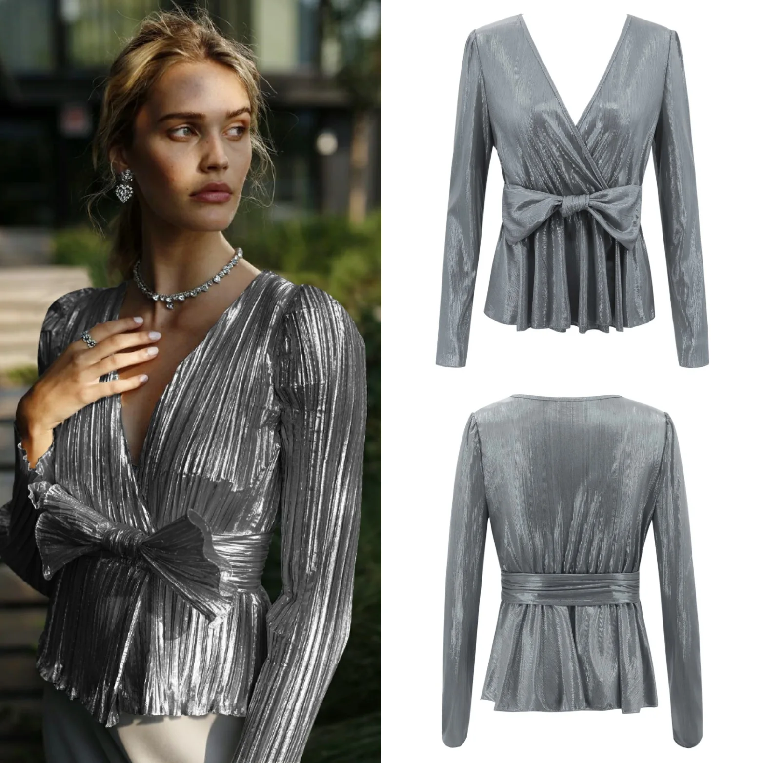 

Popular spring and summer new women's V-Neck T shirt long sleeve bow irregular slim shirt