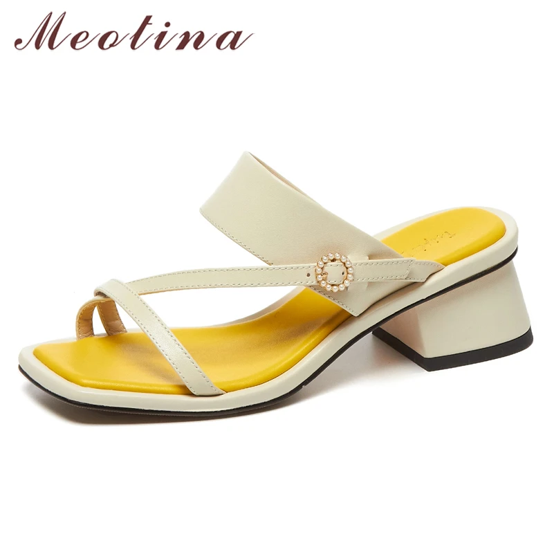 

Meotina Women Shoes Slippers Genuine Leather Chunky Heel Square Toe Slides Med Heels Narrow Band Ladies Footwear Summer White