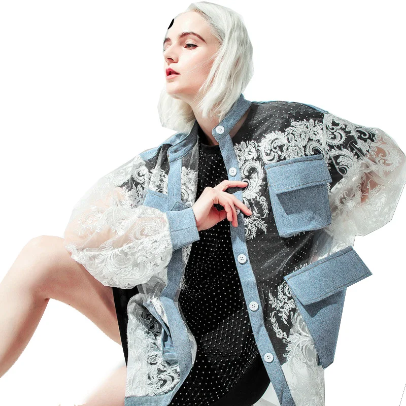 Женское кружевное джинсовое пальто QING MO с треугольным вырезом и защитой от