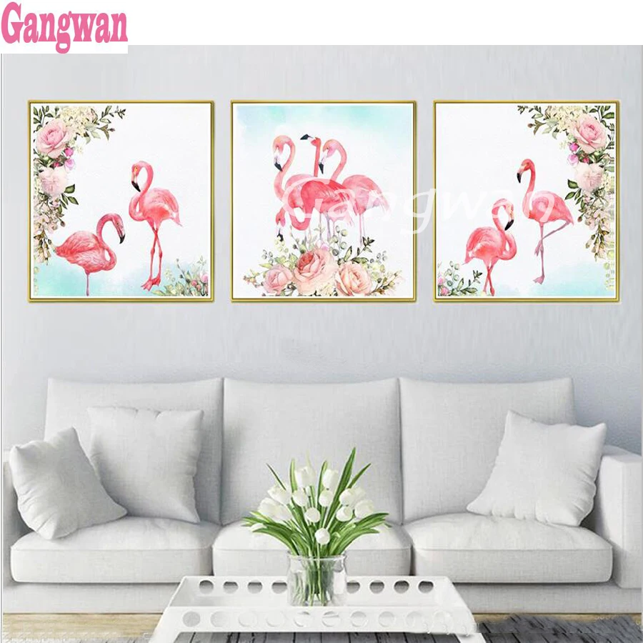 

Diy diamond painting pink Flower Flamingo full square round drill diamond embroidery mosaic picture of rhinestone painting 3 pcs