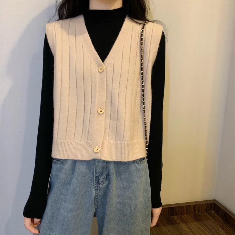 

2021 Spring Autumn Fashion New Loose V-Neck Sleeveless Knitted Vest Women Cardigan Sweater Top Women Trendy H149