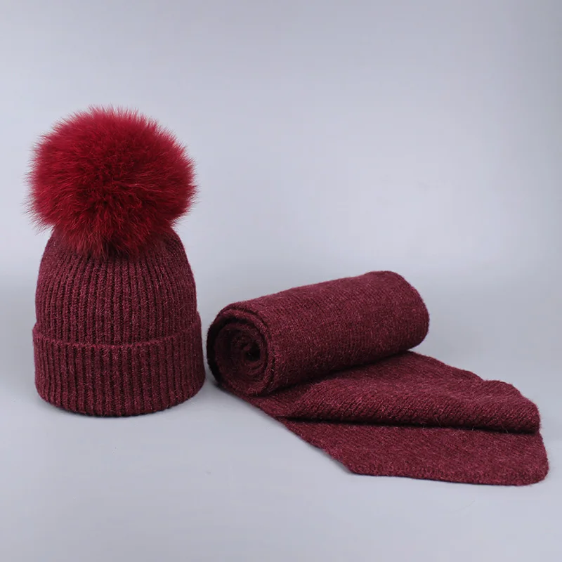 Parent-child Wool Knitted Scarf Hat Set With Real Fox Fur Pompons Women Girls Winter Warm Thick Crochet Hat Scarf 2 Pieces Sets - Color: G