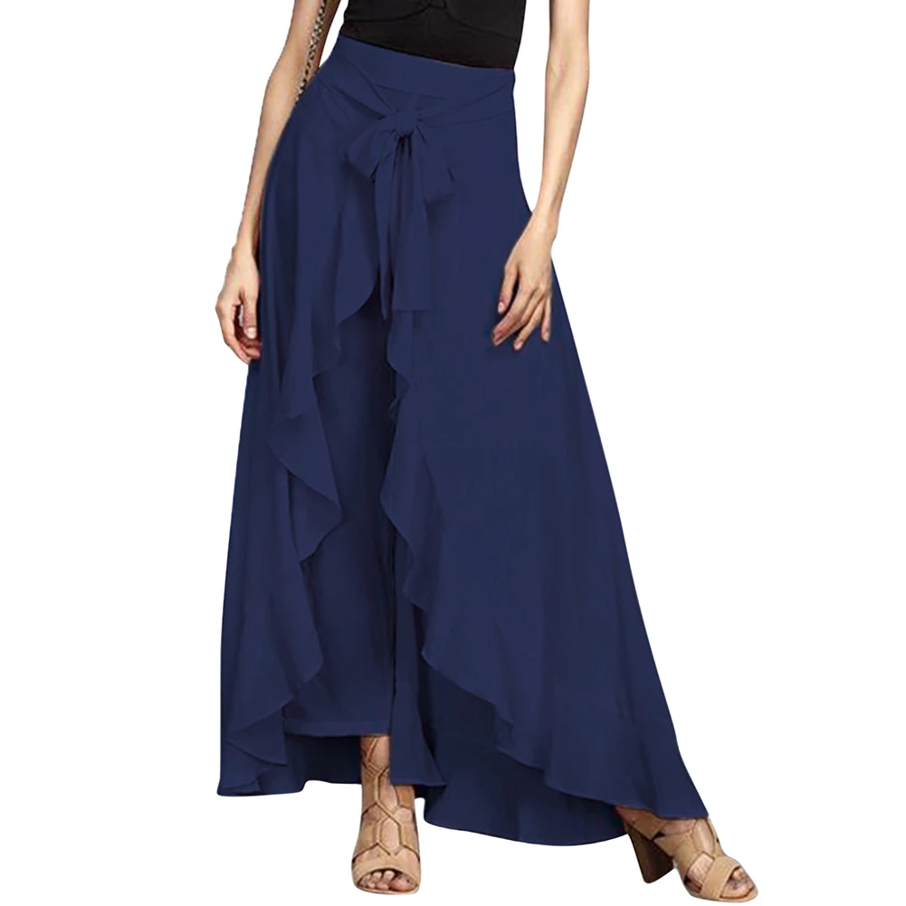 

2021 Fashion Women High Waist Maxi Skirt with Irregular Hem, A-line Lace Up Ruffled Long Skirts for Summer