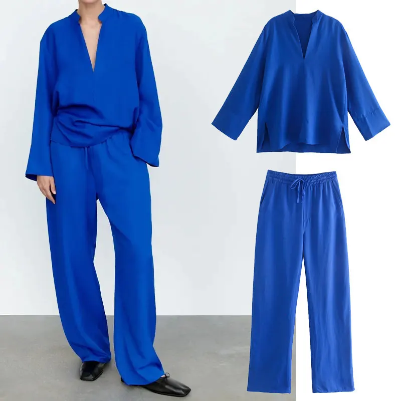 

Za 2021 Autumn Women's Suit Shirt Fashion V-Neck Loose Split Solid color Blouse High Waist Casual Chic Women's Pants Suit