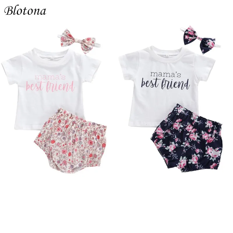 

Blotona Newborn Infant Baby Girls Clothes Set Letter Print Short Sleeve T-shirts Tops+Flowers Shorts +Headband 0-24M