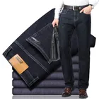Джинсы мужские теплые в классическом стиле, плотные эластичные облегающие брюки из денима, Брендовые повседневные деловые черные, синие, зима 2020