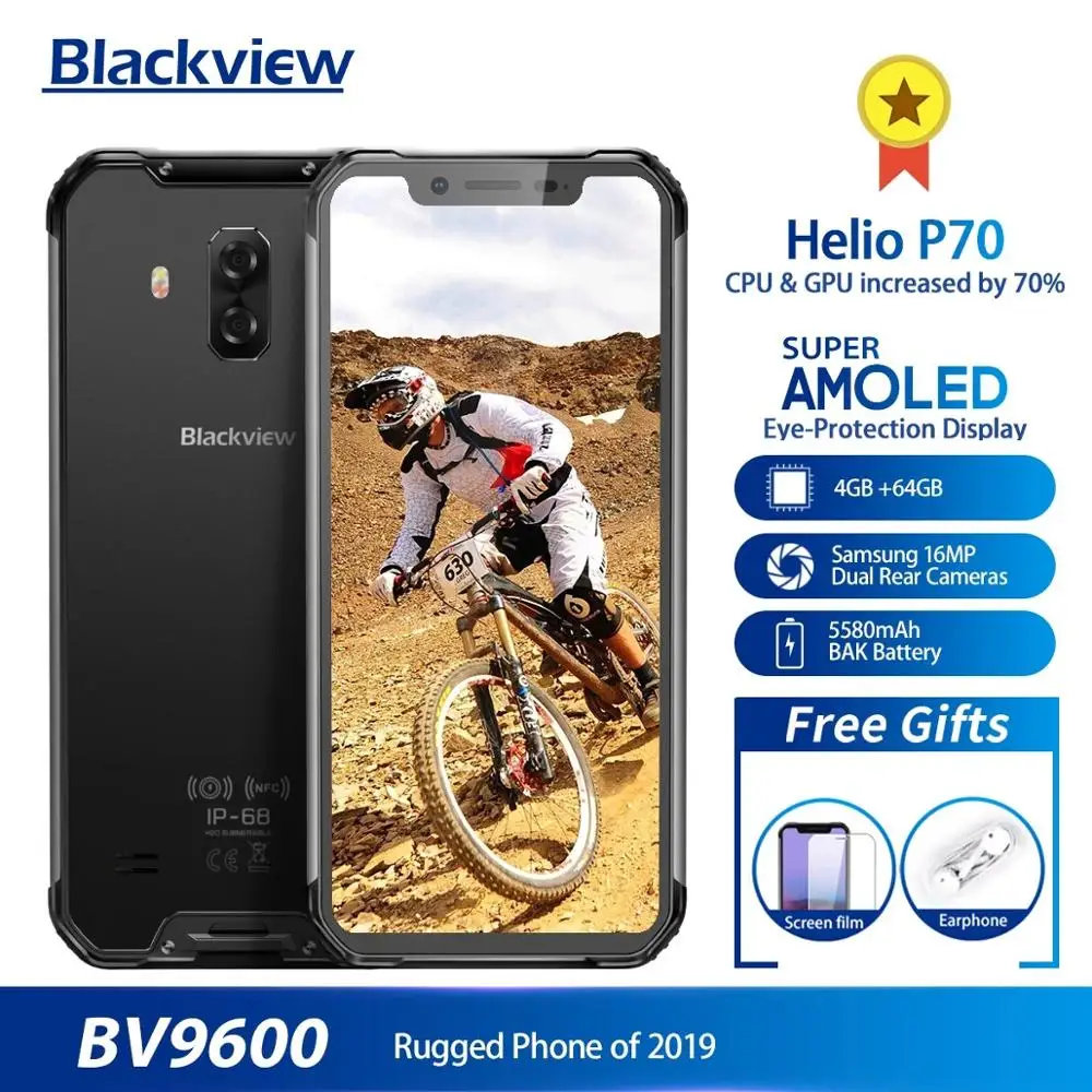 Перейти на Алиэкспресс и купить Оригинальный Blackview BV9600 IP68 Водонепроницаемый мобильный телефон на процессоре Helio P70 Android 9,0 4 Гб + 64 Гб 6,21 дюймAMOLED 5580 мАч NFC Смартфон повышенной проч...