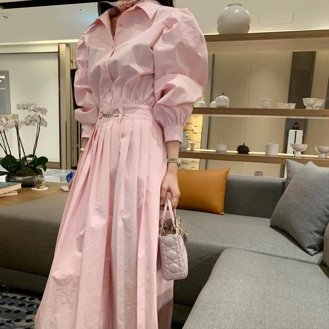 

Korean Chic French Minority Spring and Autumn Clothing Elegant Loose Slimming Mid-Length Waist Shirt Pleated Dress