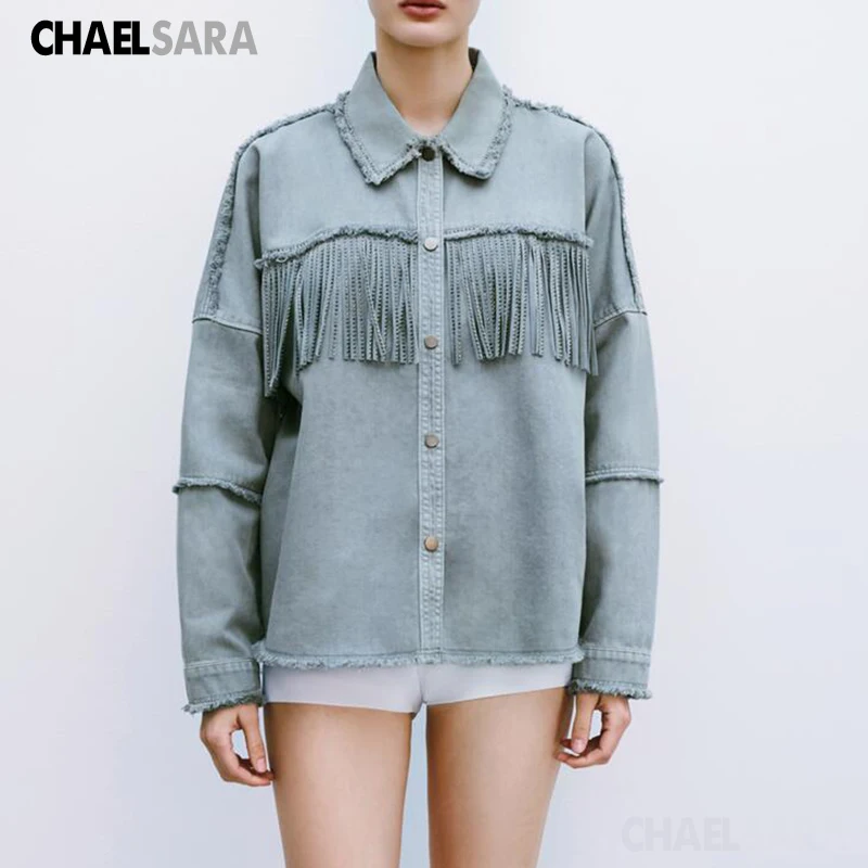 

2021 Spring Autumn Frayed With Fringe Denim Jacket Women Vintage Long Sleeve Jeans Coat Female Tassel Outerwear Chic Tops