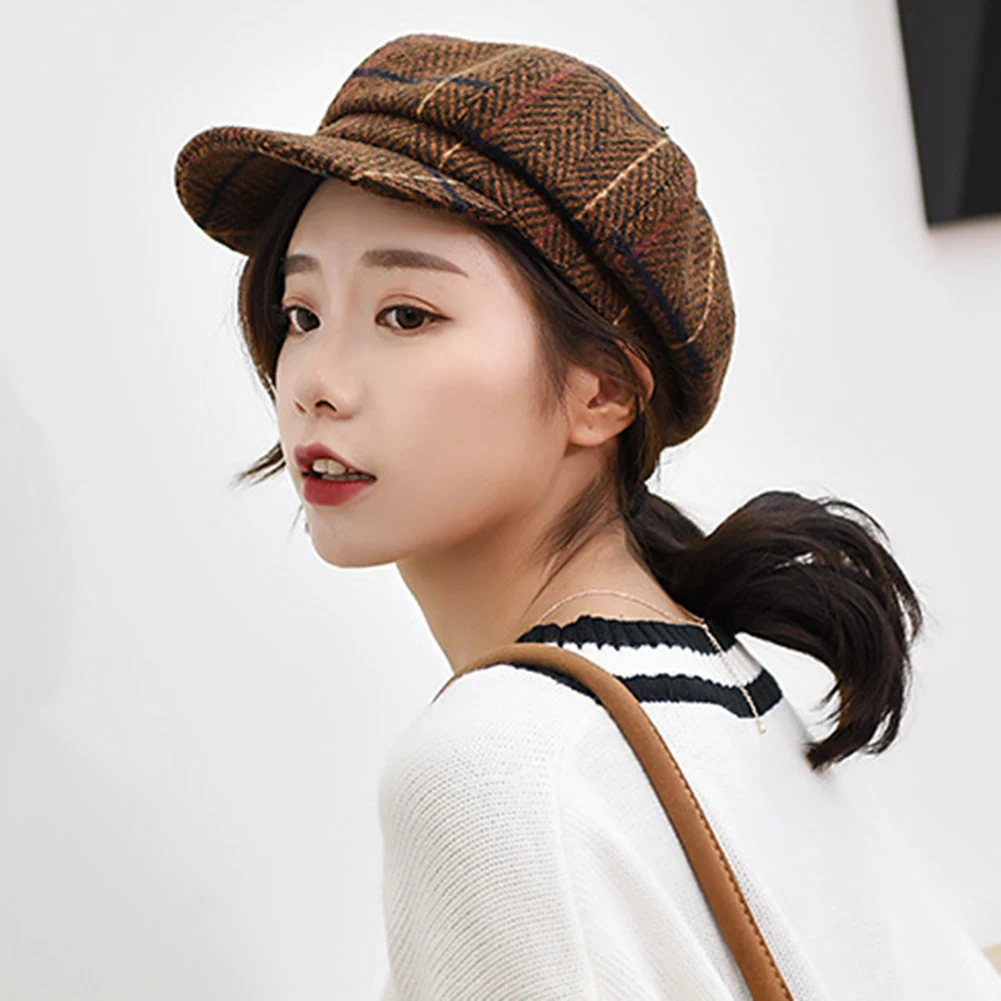 Клетчатый узор береты шапки для женщин осень зима хлопок шляпа женская обувь на