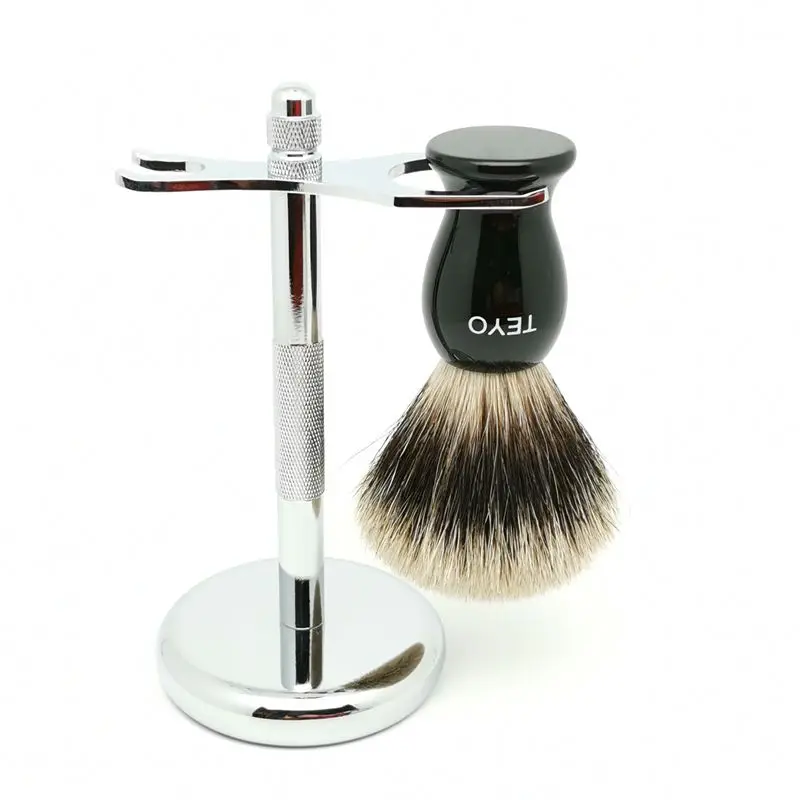 TEYO Two Band Fine Badger Shaving Brush Set Include Shaving Stand Perfect for Man Wet Shave Beard Brush