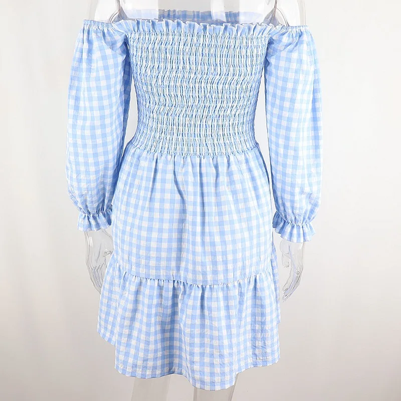 

Women Fashion Sexy Off Shoulder Ruched Short A Line Plaid Dress 2021 New Spring Summer Mini Sweet Ladies Long Sleeve Clothing