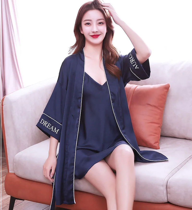 

2PCS Robe Set Sexy Women Silk Satin Kimono Bathrobe Gown Intimate Lingerie Silky Nightwear Sleepwear 2020 New Nightgown