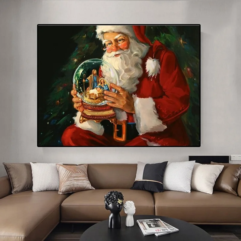 

Christmas Framed Santa Claus Canvas Painting Elk Snow Pictures Modern Posters and Prints Wall Art in Livingroom Home Decoration