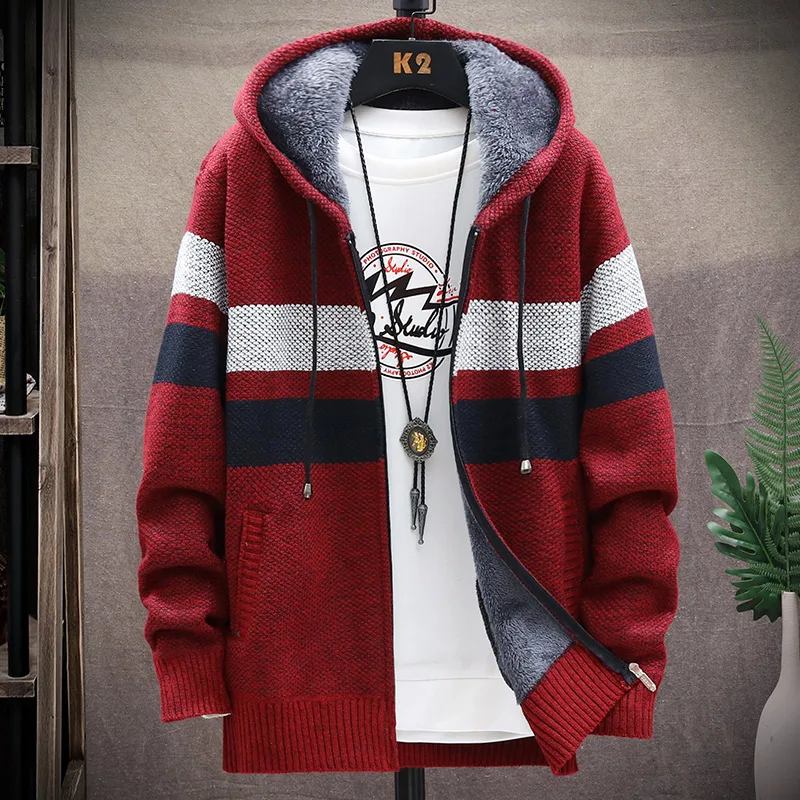 

Winter New Cardigan Jacket Cardigan Men's Sweater Knit Jacket Thick Hooded Cardigan Men's Sweater Striped Casual Warm Sweater