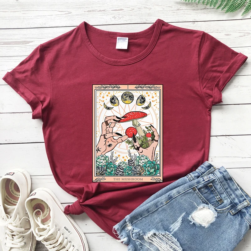 

The Mushroom Tarot Colored T-shirt Vintage Magic Mushroom Cottagecore Tshirt Aesthetic Women Gothic Moon Phases WItch Tee Top