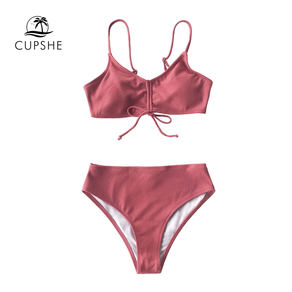 CUPSHE Одноцветный розовый с текстурой на шнуровке бикини наборы сексуальный