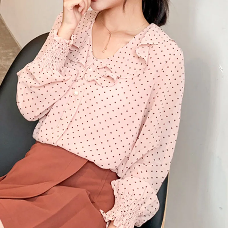 

2019 Autumn/Spring Fashion Ladies Tops Sweet Long Sleeve Women Blouses Polka Dot Chiffon Ruffled Casual Women Shirt 5315 50