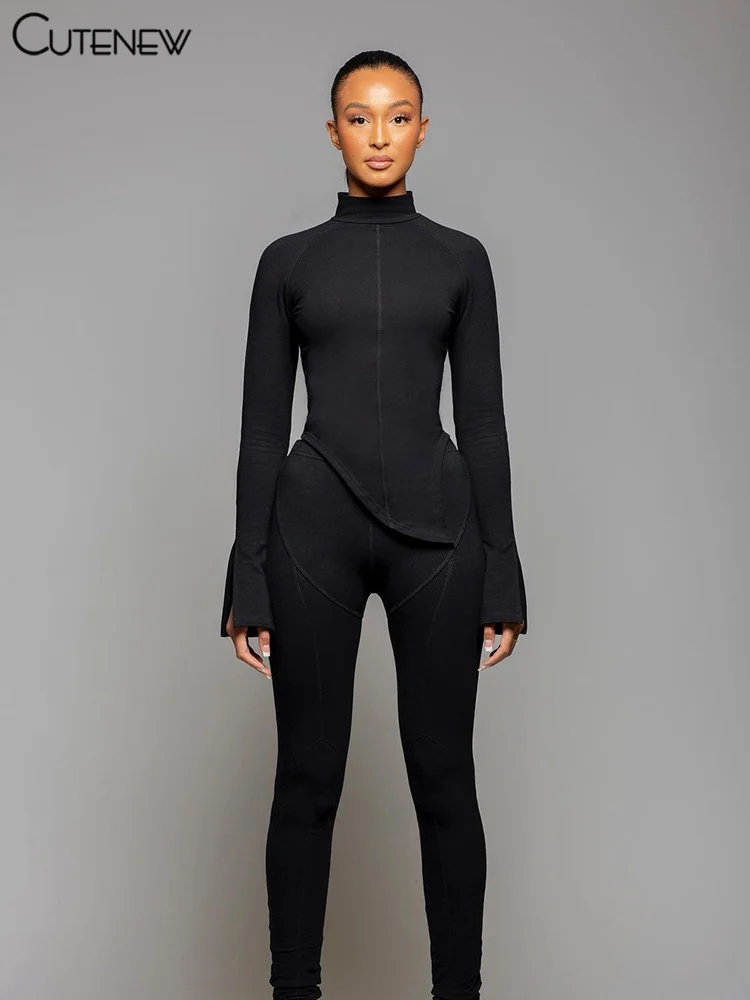 

Комплект из двух предметов Cutenew Женский, однотонный укороченный топ на молнии с высоким воротником и длинным рукавом и брюки с завышенной талией, повседневная спортивная одежда