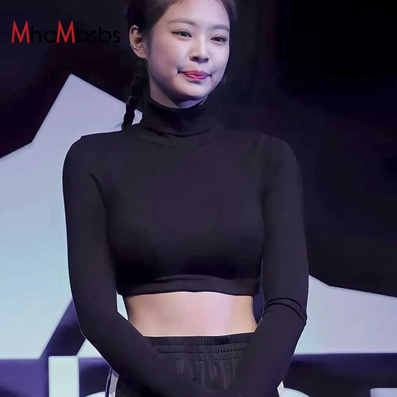 

Women Ribbed Turtleneck Long Sleeve Slim Crop Top Sexy Casual Black Bodycon T-shirts 2021 Fall Korean Gothic Y2K Clothes