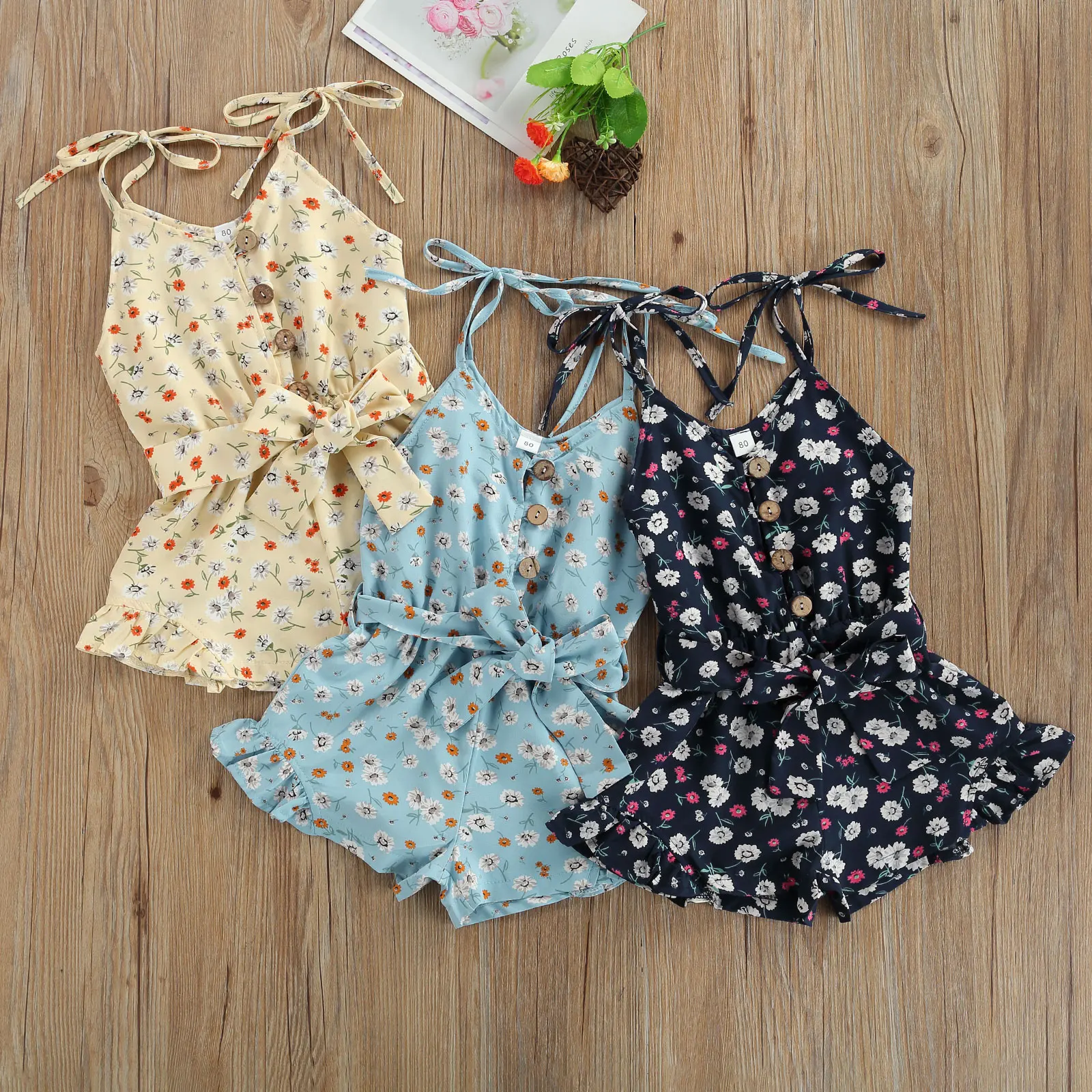 

OPPERIAYA Summer Children Floral Print Sling Romper with Ruffles Baby Girls Sleeveless V-neck Short Jumpsuit with Waistband