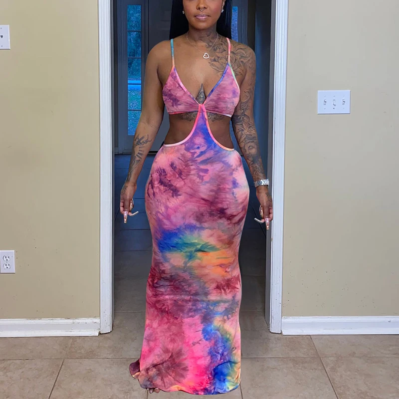 

Соблазнительное платье-макси с бюстгальтером, облегающее платье-макси на бретелях-спагетти с принтом и вырезами, Элегантное Длинное сарафа...