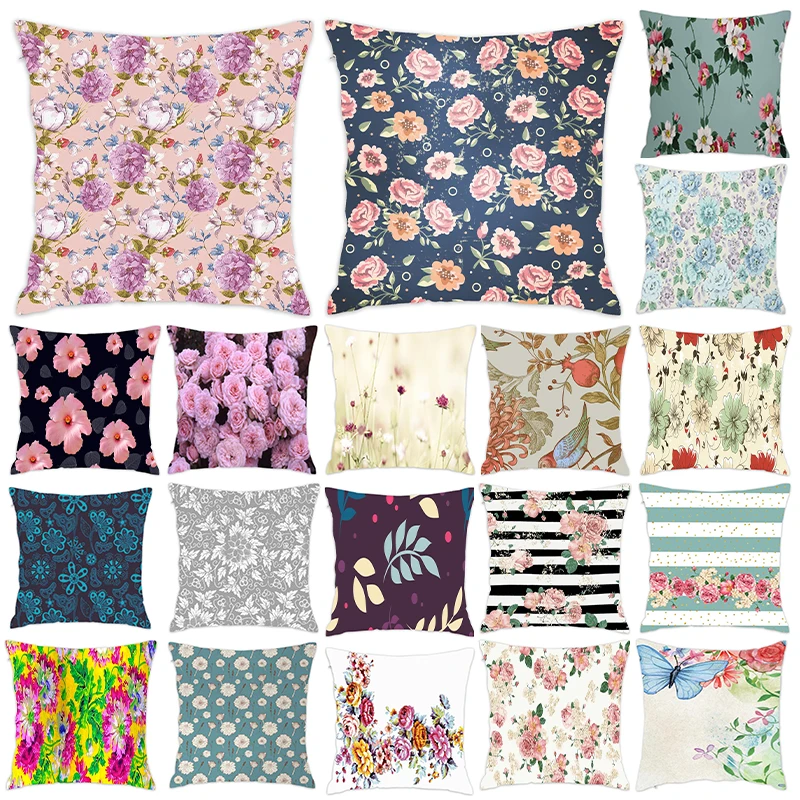 

[Douladou] Vintage Flower Pillow Case Polyester Decorative Rose Blooming Pillowcase Couch Throw Pillow Case Room Decor 45x45CM