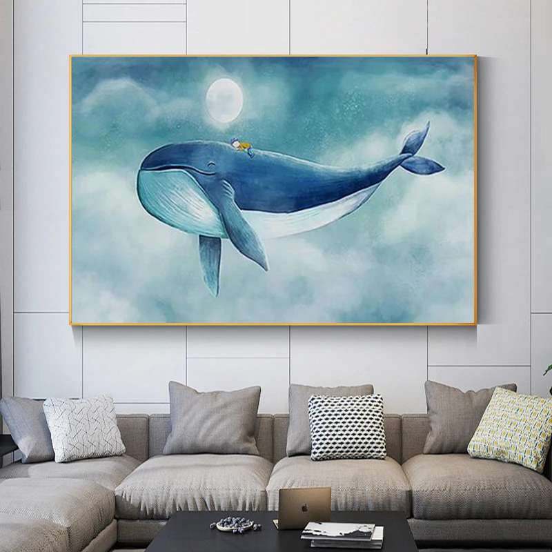 Современный мультфильм морской прекрасный синий кит Арт холст для живописи