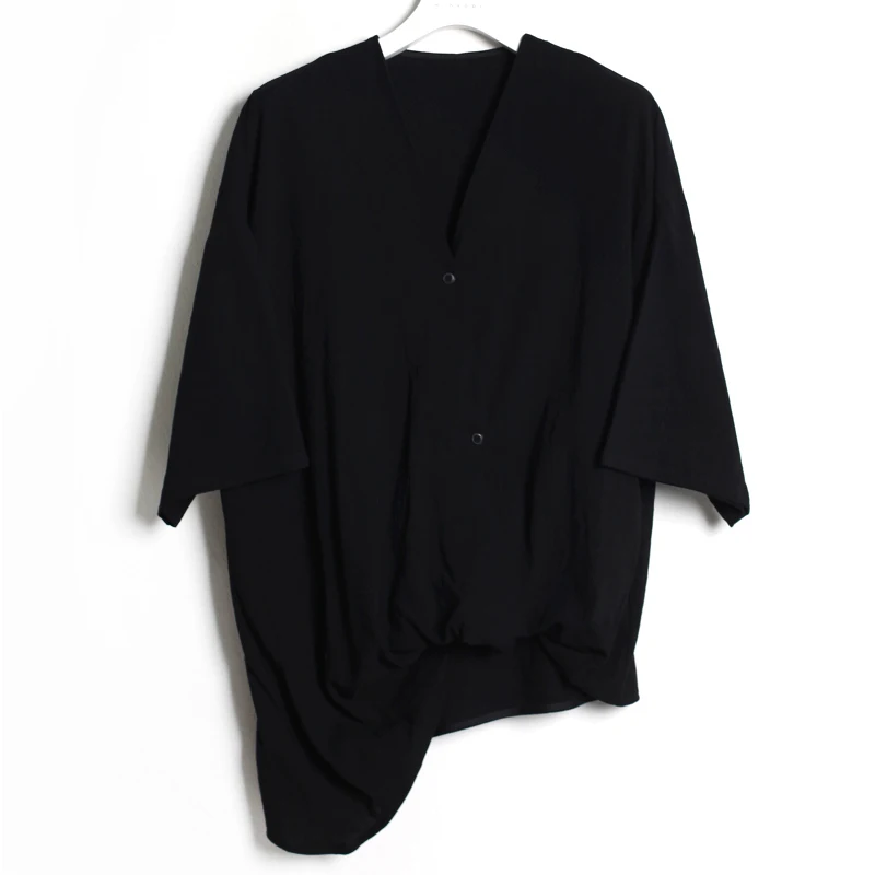 

S-4XL Trendy Men's Personality Vertical Stripe Short Sleeve Shirt Shirt V-Neck Loose Irregular Asymmetric Japanese Personality T