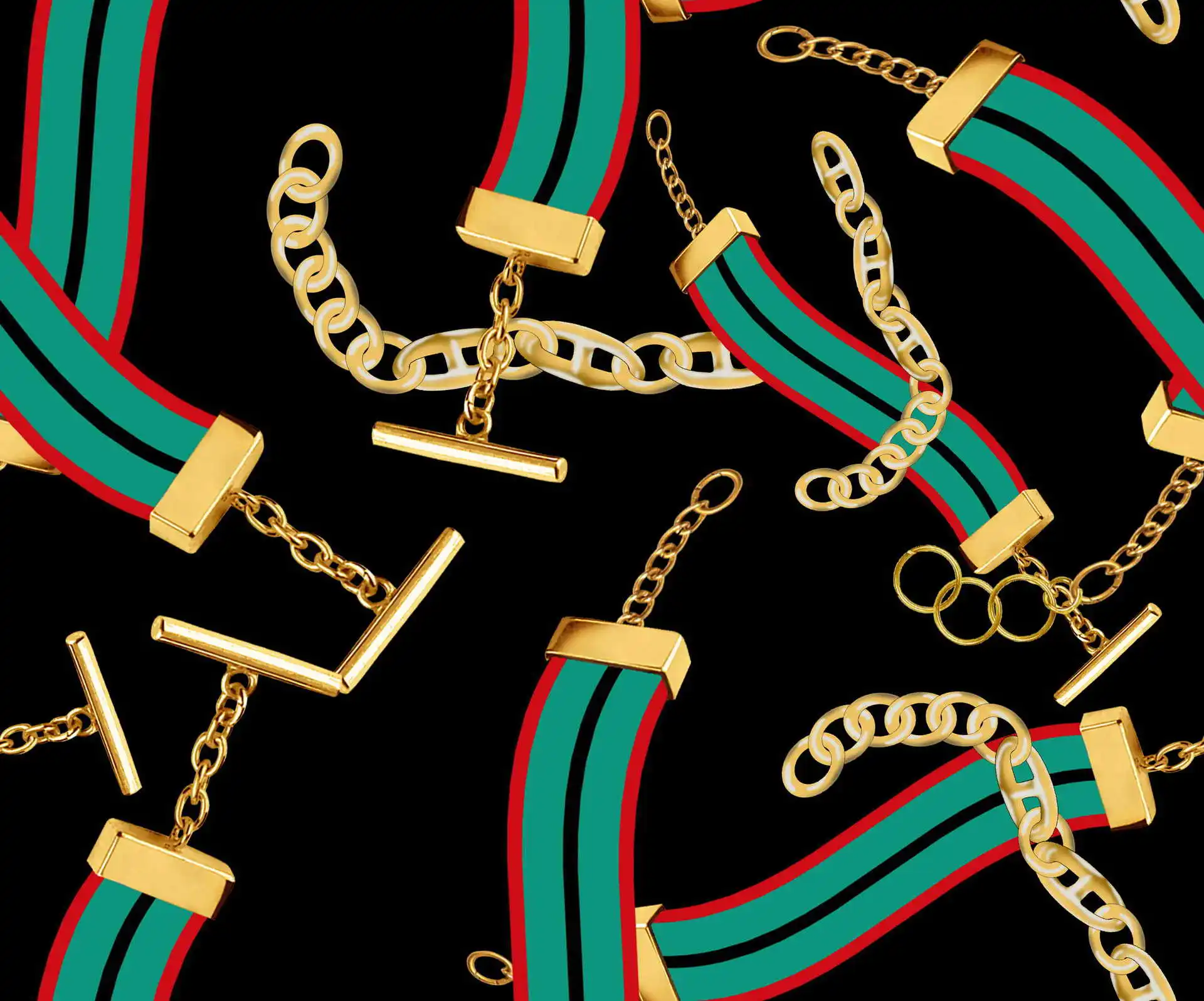

Gold lock chain printed fabric 100% polyester textile fabric for dress chiffon four-sided stretch satin fabric available