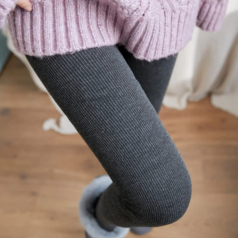 

Winter Plus Velvet Thick Cotton Vertical Leggings Women'S Outer Wear Threaded Vertical High Waist Warm Pants One-Piece Trousers