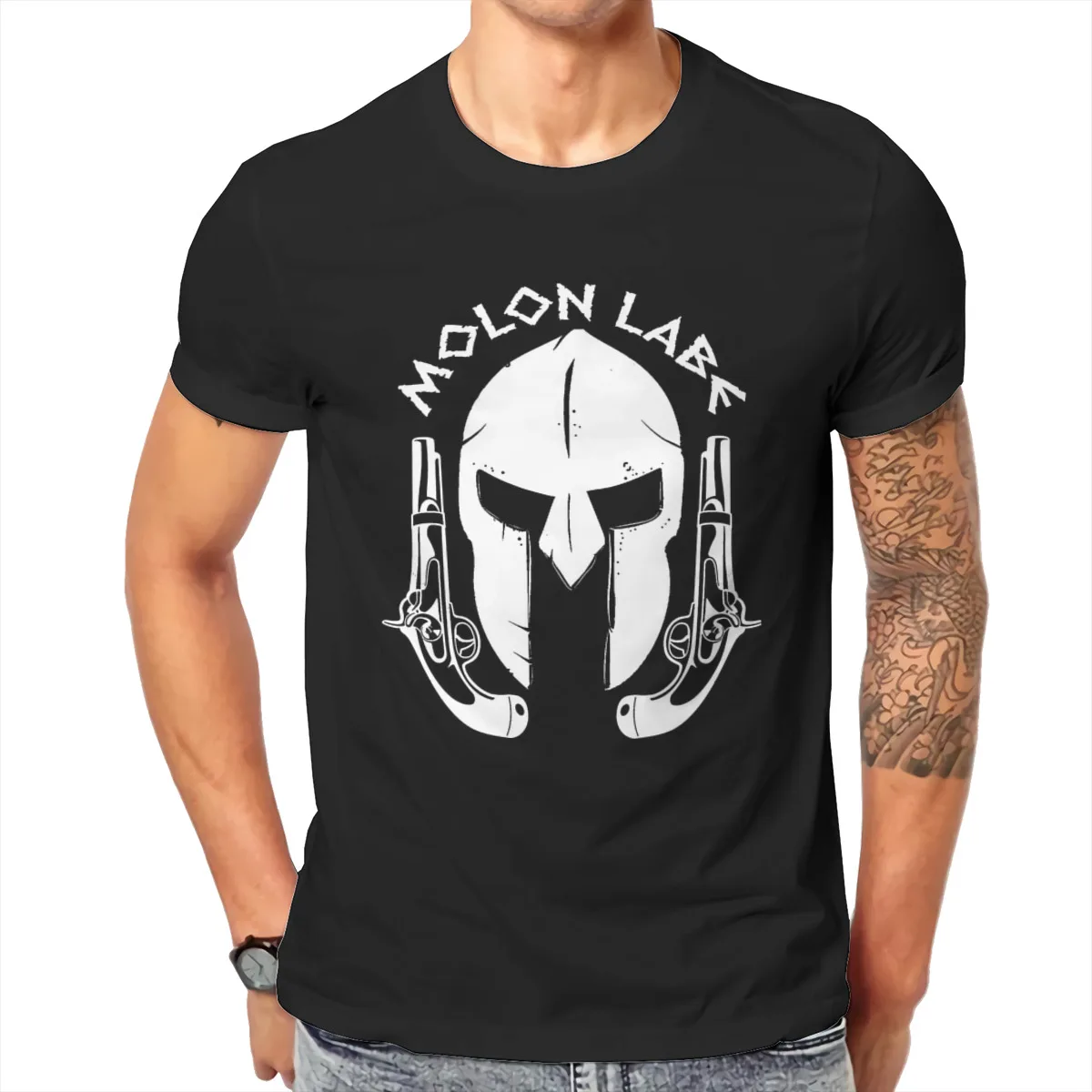 

Molon Labe Spartan Helmet Pistols T shirt Men T shirt summer T-shirt