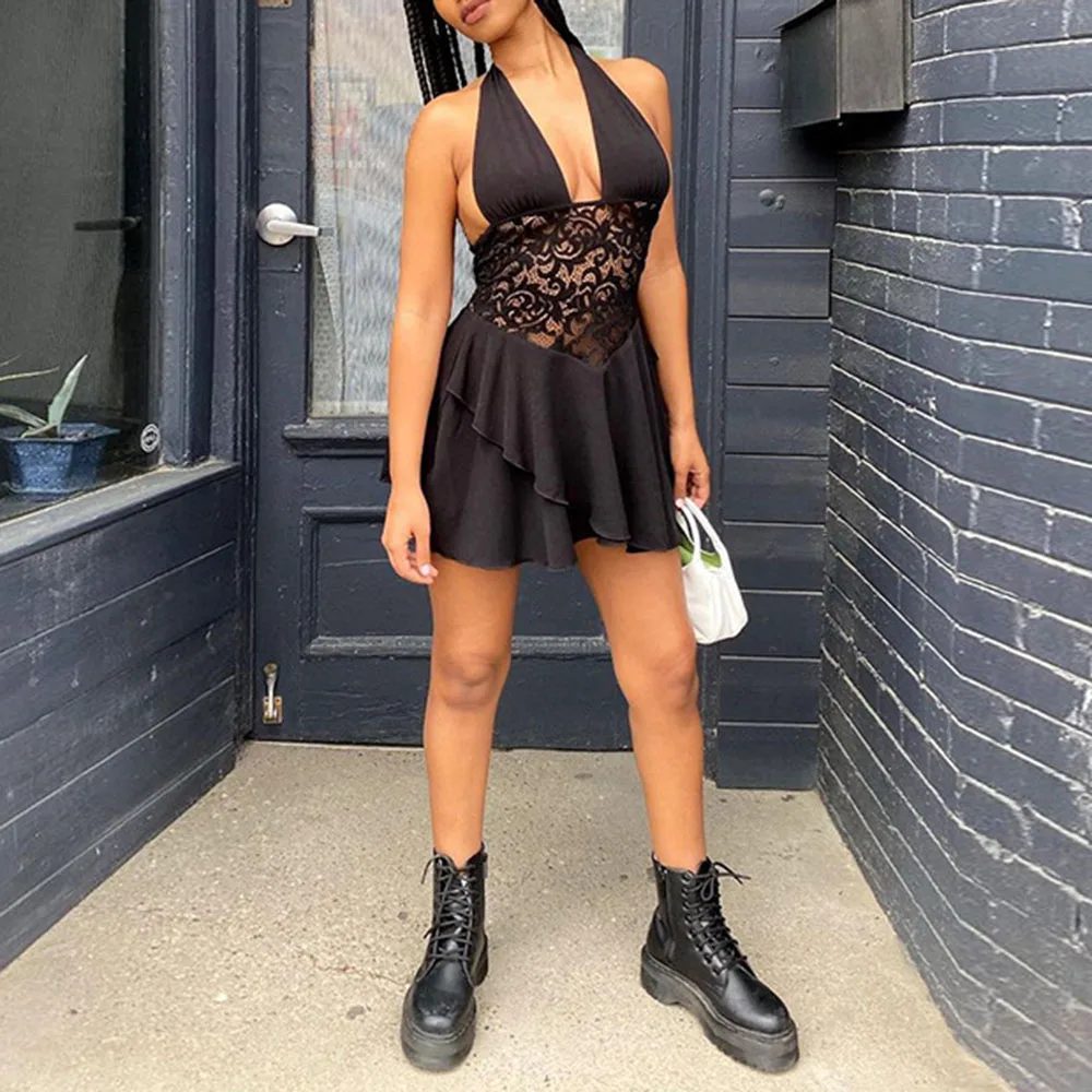 

Western Style 2021 Summer New Fashion Backless Lace Hollow Out Deep V-neck Sexy Solid Color Women's Dress Casual