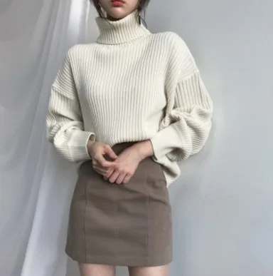 Apricot LYJMTDBK/толстый вязаный свитер с высоким воротником Женский однотонный Свободный Повседневный вязаный Топ Зимний пуловер с длинными рукавами свитер женский - Цвет: Apricot