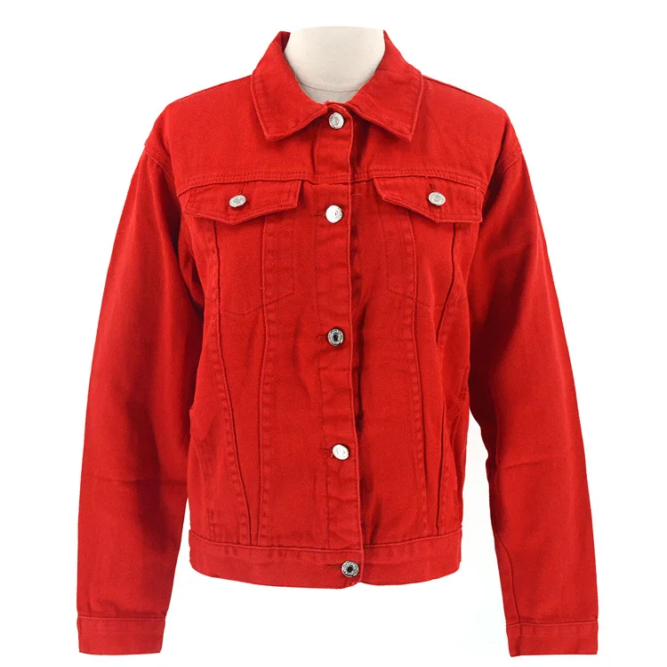 

Red Short Jean Jacket Outwear Turn-Down-Collar Women Coats Loose Female Feminine Fashionable Womens Jacket