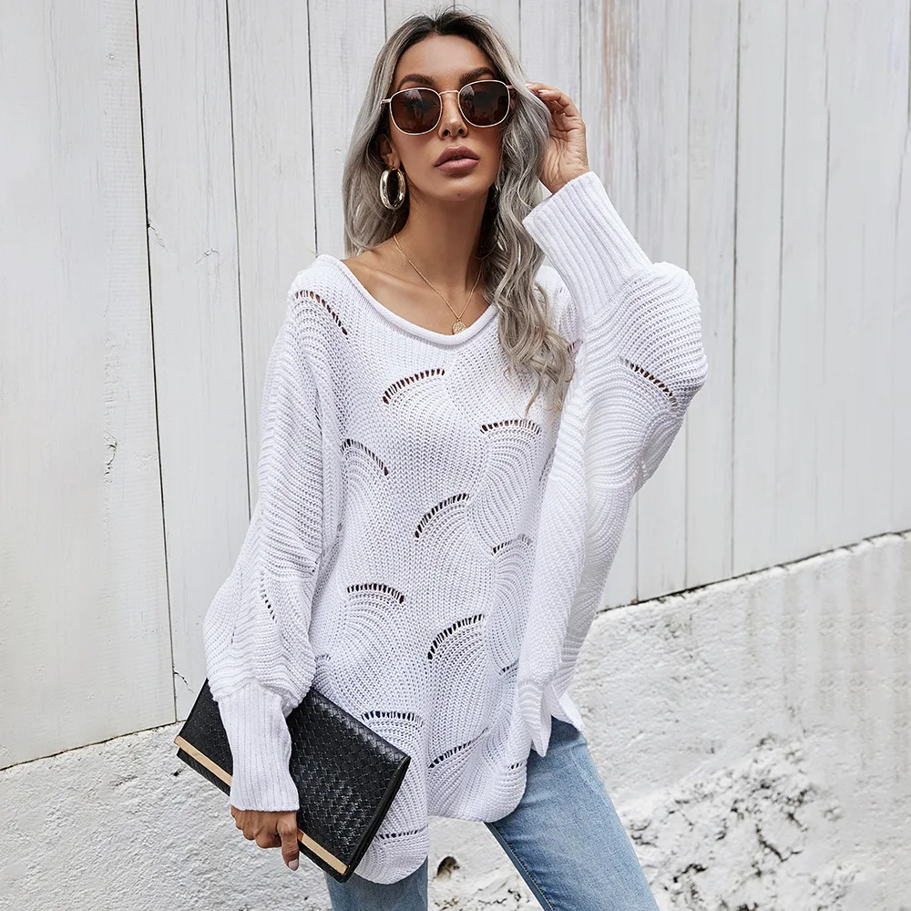 

Вязаная одежда, мешковатый свитер с вырезами, Женский Топ с длинным рукавом летучая мышь, вязаный пуловер свободного покроя с талией, вязаны...