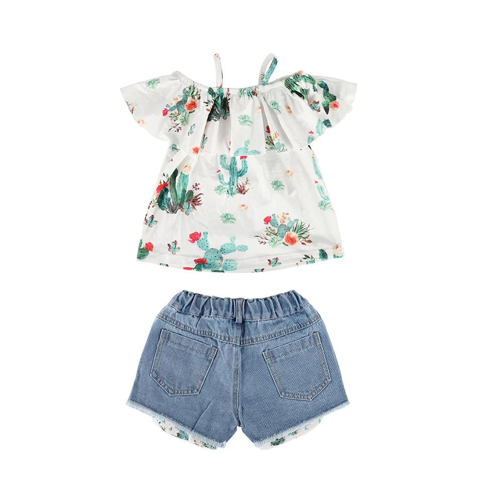 Летняя рубашка с принтом кактуса для маленьких девочек джинсовыми шортами