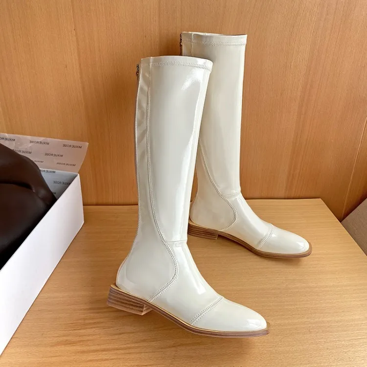 

MLJUESE 2021 women knee-high Patent Leather winter zippers short plush round toe low heel boots female women boots