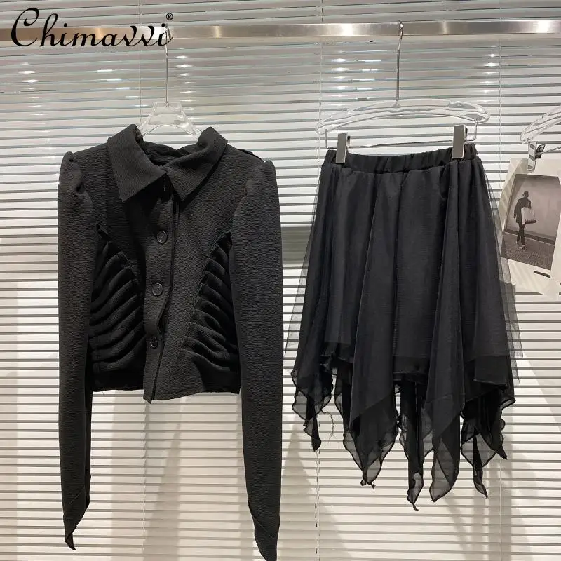 

2021 Fall Women's Clothing New Fashion Pleated Padded Shoulder Long Sleeve Shirt Suit Multi-Layer Mesh Skirt Elegant Outfit