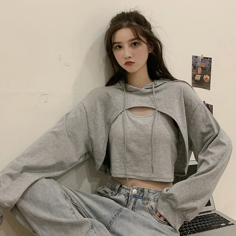 

ZOGAA 2PCS Vest+Top Long Sleeve Grey Cropped Hoodie Women Autumn Winter Pullover Short Sweatshirt PlushCotton Sweatshirt Tops