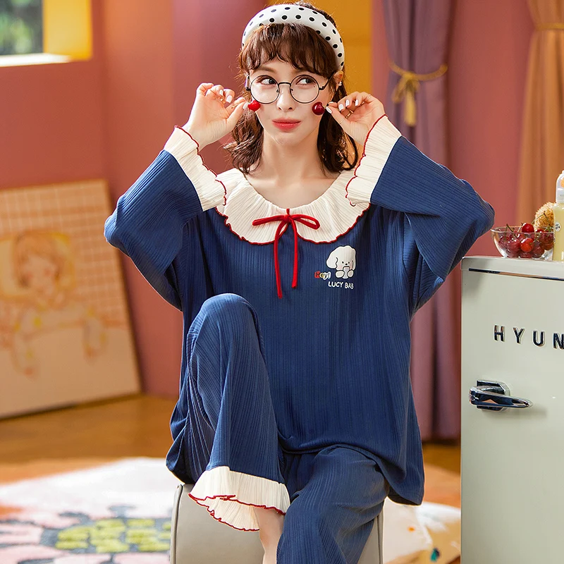 

Ruffled O-Neck Pyjamas Women Sleepwear Pajama Cute Full Set HomeWear Cotton Female Long Sleeve Autumn Pijamas Mujer Leisure Suit