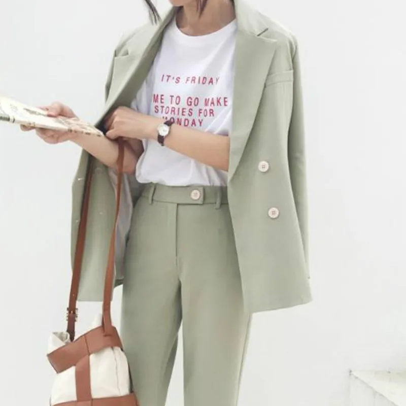 

2pcs Set Women Pant Suit Vintage Autumn Spring Light Green Notched Blazer Jacket & Pant 2020 Office Wear Women Suits Female Sets