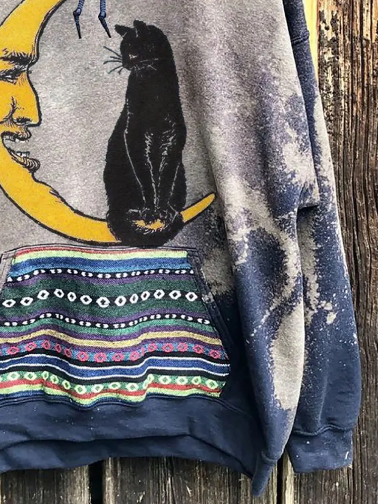 

Men Clothing Gray Color Moon Cat Casual Long Sleeve Hoodies Autumn Pullover Tie-Dye Loose Sweatshirts Fashion Cartoon Outwear