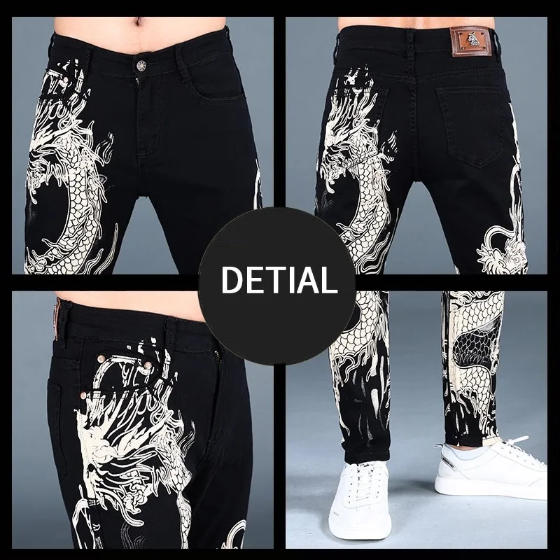 

Mens Black Jeans Summer Men Casual Chinese Dragon Printed Slim Fit Pencil Pants