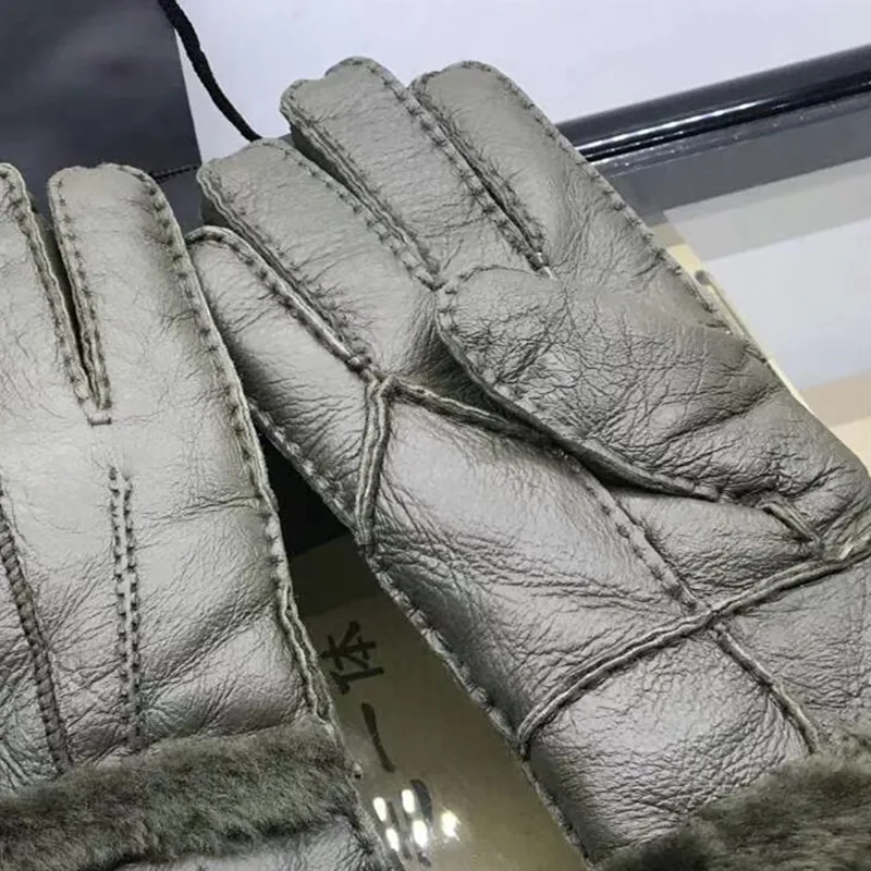 ArmyGreen Зимние перчатки из натуральной овчины для мужчин и женщин, парные перчатки из натуральной овчины и кашемира, теплые кожаные перчатки на весь палец - Цвет: ArmyGreen